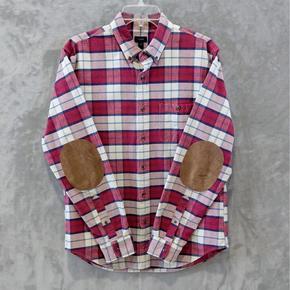 J Crew Flannel Plaid Suede Elbow Patch Shirt Men's Medium Chest Pocket Workshirt